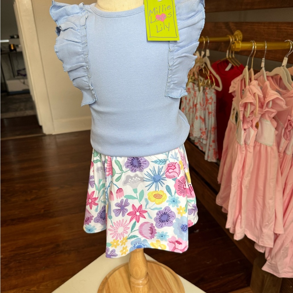 Blue Ruffle Top with Floral Skirt